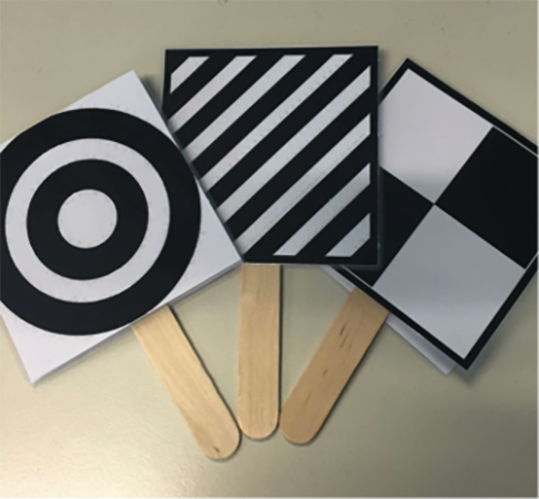 Laminated black and white paper stuck onto paddles