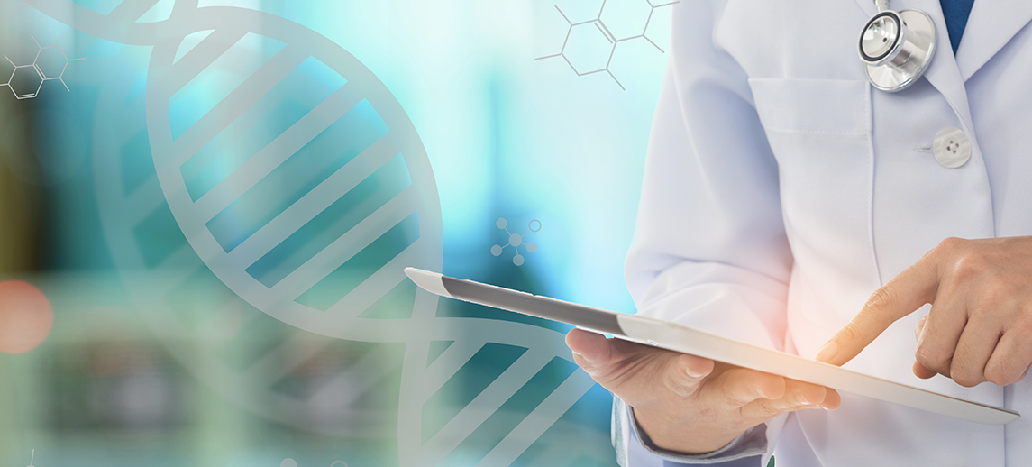 doctor using tablet digital research DNA molecule structure. medical and health care technologh concept.
